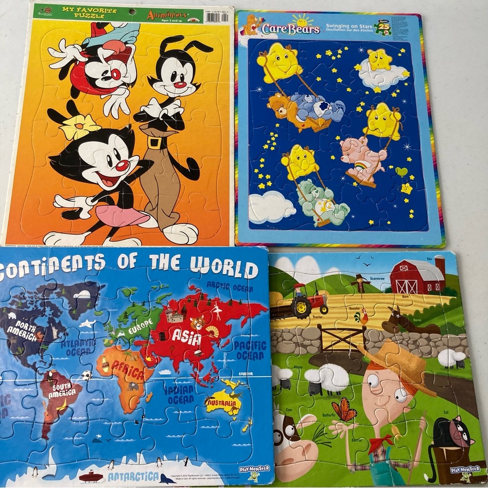 Vtg Frame Tray Puzzles Lot Animaniacs Care Bears Jigsaw Kids Y2K 1990-2000 Fun